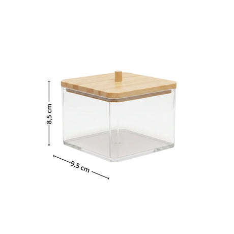 Oppbevaringsboks med bambuslokk vist med mål på 9,5 x 8,5 cm. - Lindas dekor