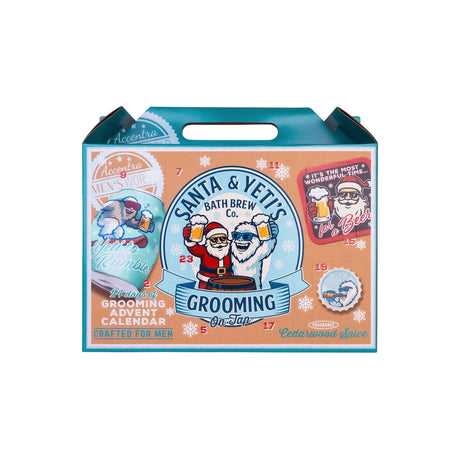 Adventskalender med 24 luker og øltema, turkis og oransje gaveeske med julenisse, grooming-motiv og bærehåndtak.