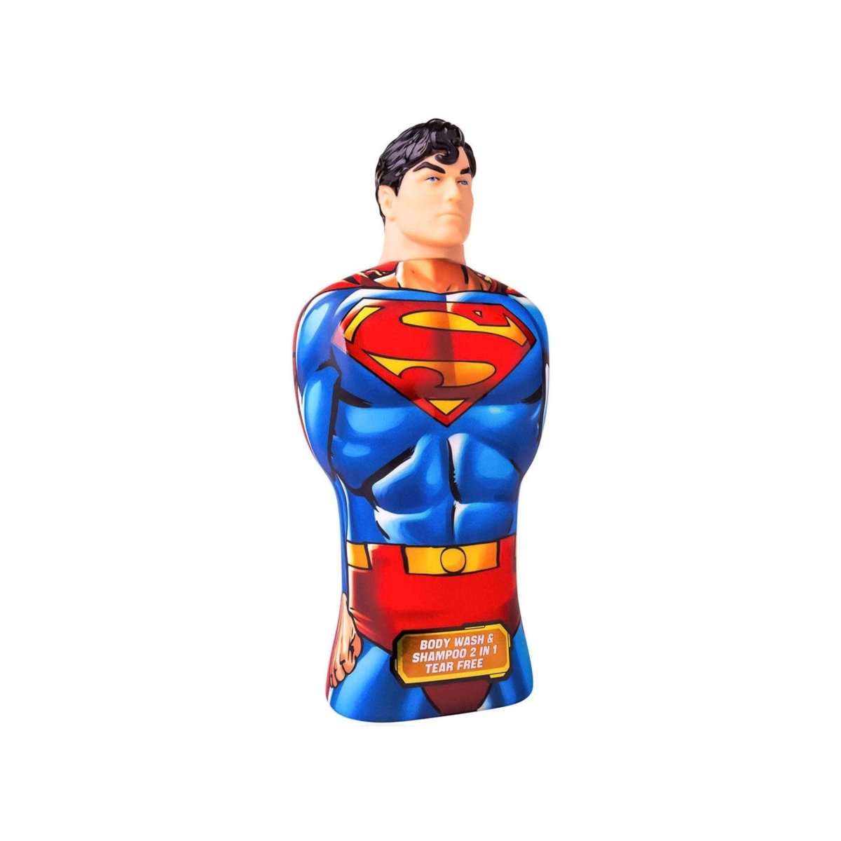 Superman dusjgelé og sjampo 2 i 1, 400 ml, i flaske formet som Superman med blå drakt, rød kappe og gult belte.