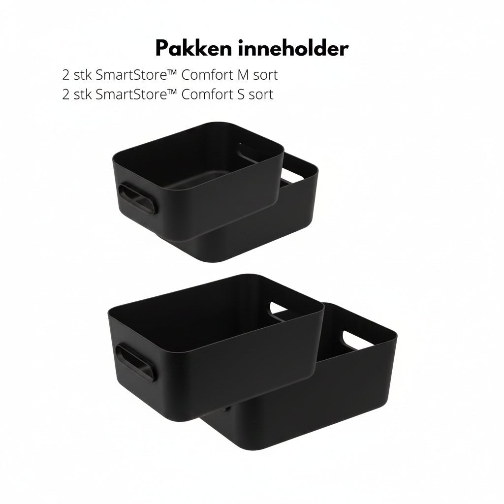 Praktiske sorte bokser med håndtak til skap, hyller og vaskerom