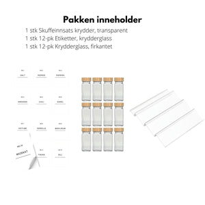 Krydderorganisering sett med skuffeinnsats, 12 krydderglass og etiketter