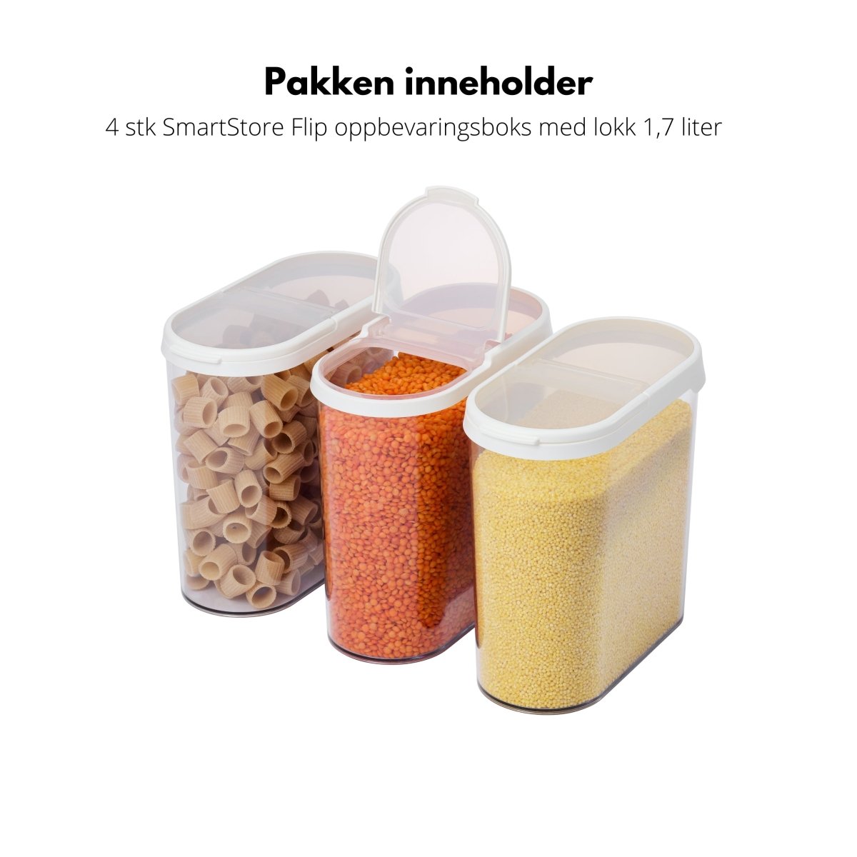 Tre transparente oppbevaringsbokser med hvitt vippelokk fra SmartStore
