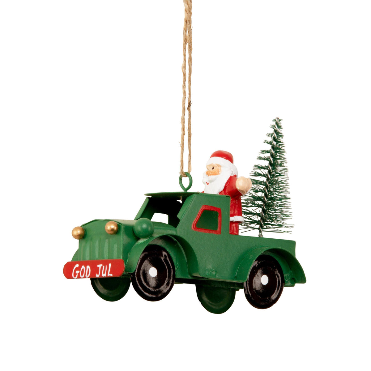 Grøn metalbil med nisse og juletre til jul