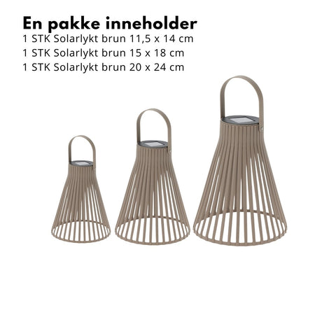 Sett med tre brune solcellelykter med LED lys til terrasse