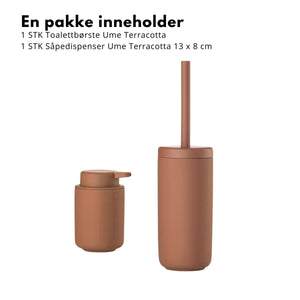Ume baderomssett terracotta med såpedispenser og toalettbørste