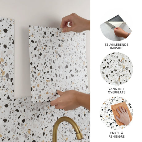Sirocco Soft Terrazzo gulvfliser monteres enkelt som selvklebende flis på eksisterende underlag. - Lindas dekor