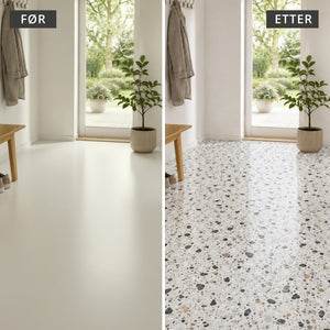 Sirocco Soft Terrazzo selvklebende gulvfliser brukt i lys nordisk gang. - Lindas dekor