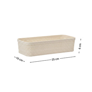 Medium sandfarget oppbevaringskurv med avlang form og mål på 25 x 10 x 6 cm. - Lindas dekor