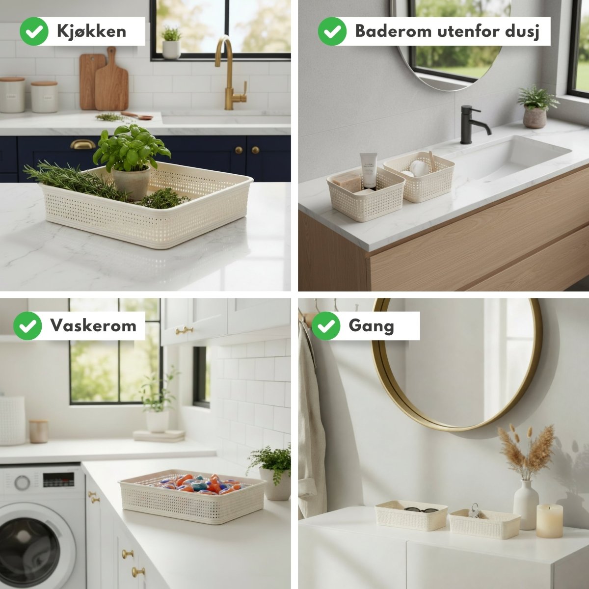Inspirasjonsbilde av sandfargede oppbevaringskurver brukt til ryddig organisering i hjemmet. - Lindas dekor