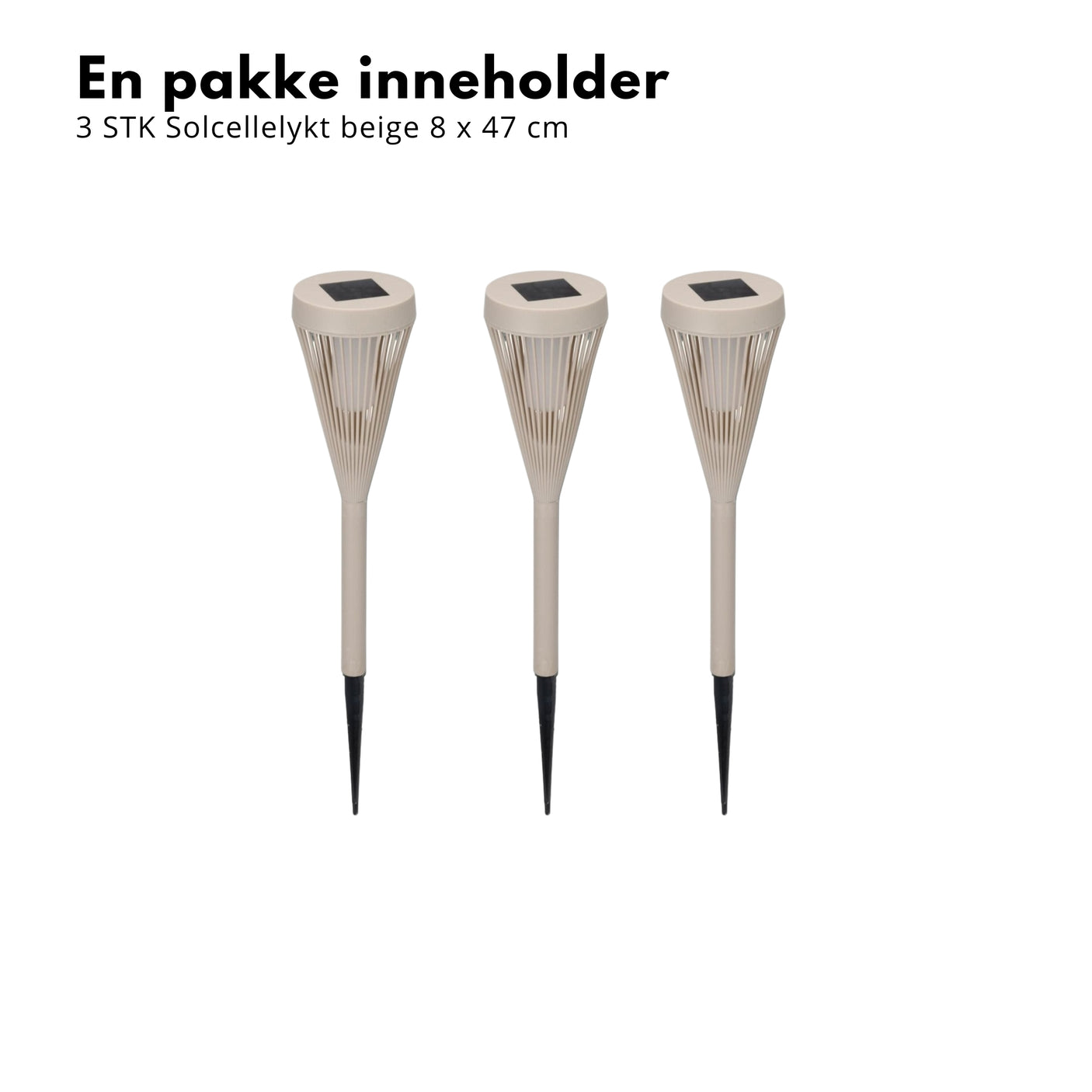 Beige solcellelykter med varmt lys i blomsterbed