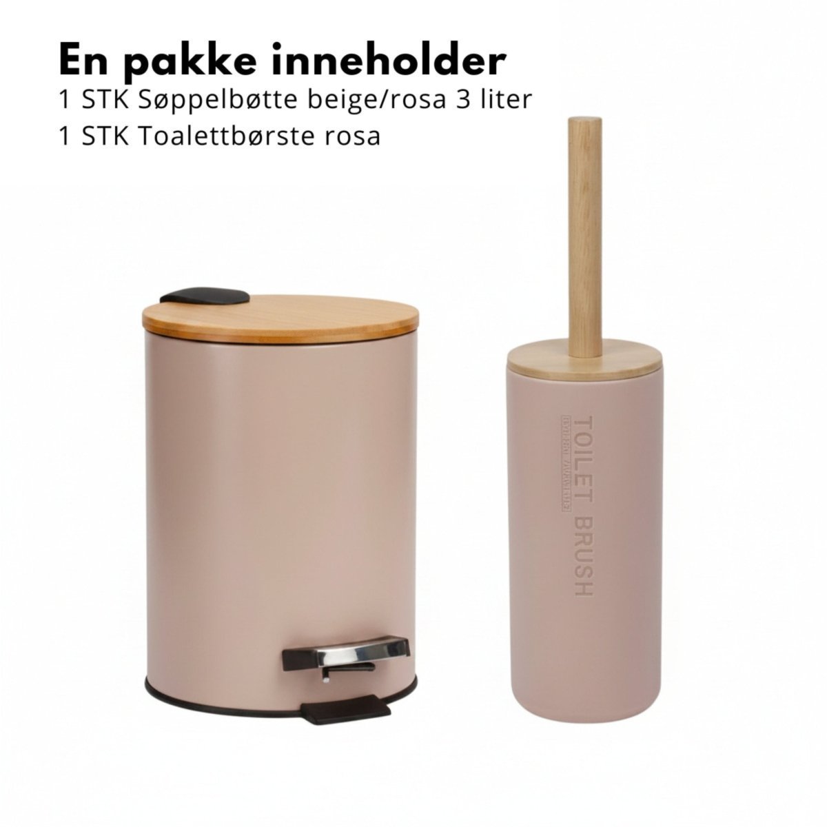 Pakken inneholder rosa pedalbøtte 3 liter og matchende toalettbørste med bambusdetaljer