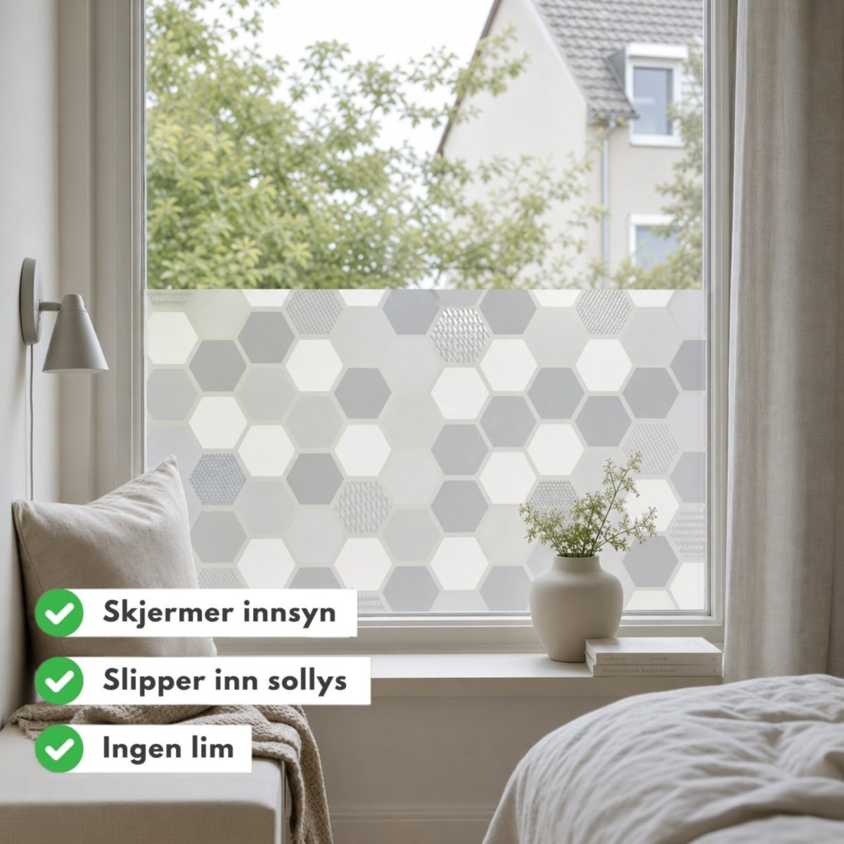 Static Premium Wido vindusfolie med sekskantmønster som slipper inn dagslys