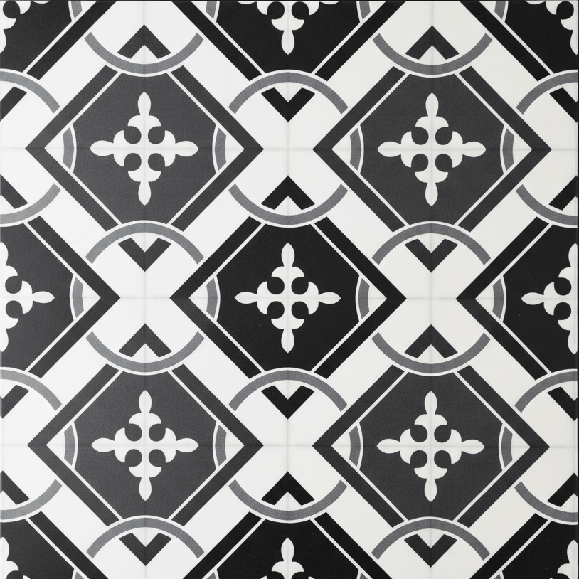 8 - pk Isadora selvklebende fliser sort hvit mønster 40 x 40 cm - Lindas Dekor