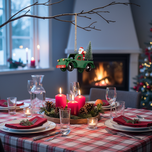 Grønn julebil med nisse og juletre som dekor på juledekket bord foran peis