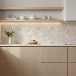 Kalk beige selvklebende fliser på kjøkkenvegg