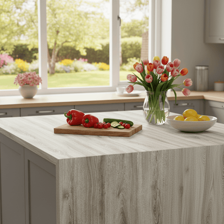 Selvheftende kontaktplast i Premium Artico Oak-design med moderne, nordisk trelook og myke grå nyanser.