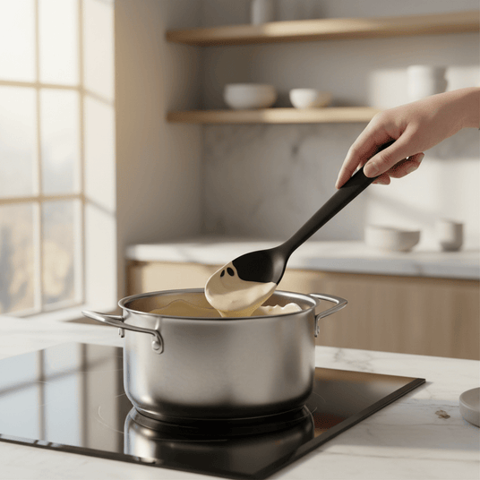 GastroMax silikonskje brukt til å røre i gryte på komfyr