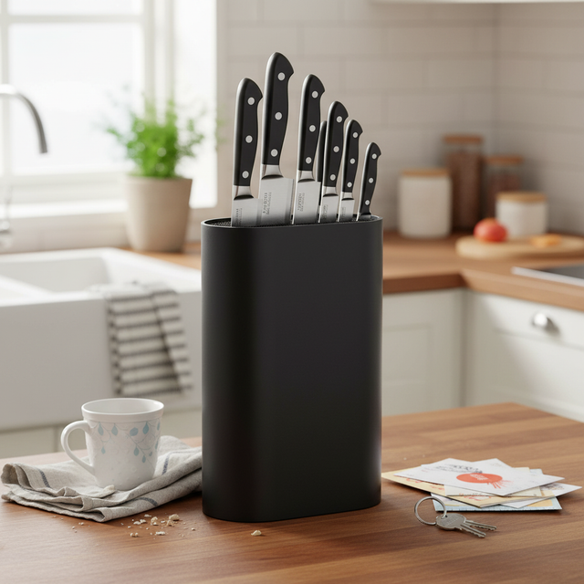 Knivblokk med kniver i hverdagskjøkken