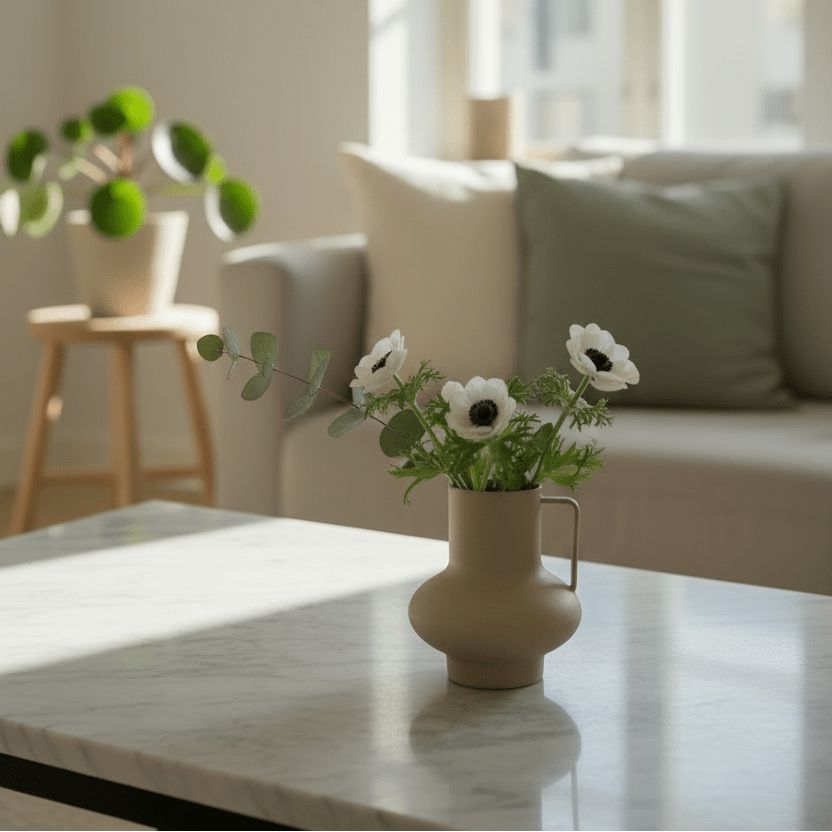 Matt sandfarget vase med håndtak brukt som borddekorasjon i moderne stue