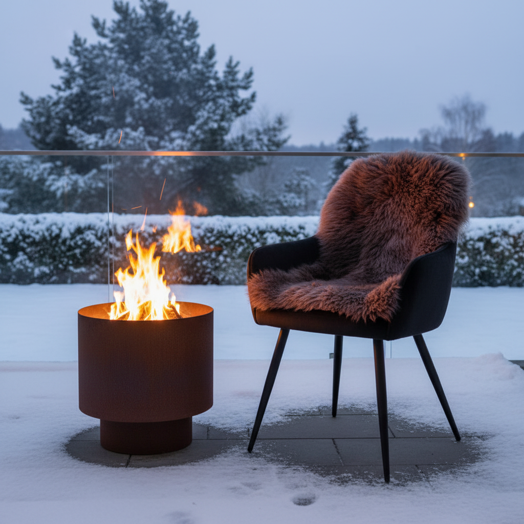 Brunt saueskinn på utendørsstol ved bålpanne i snødekt vinterlandskap