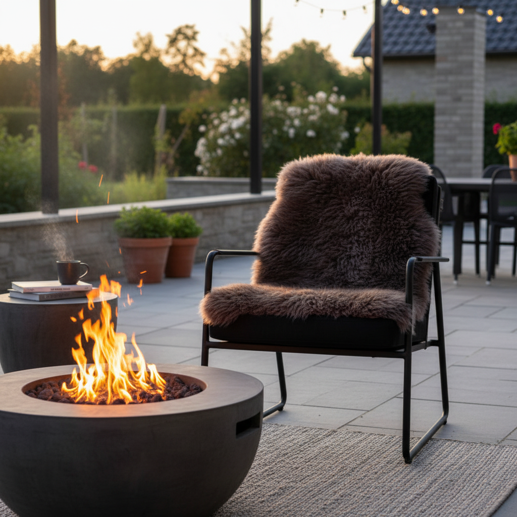 Brunt saueskinn drapert over utendørsstol ved brennende bålpanne i koselig utendørsmiljø