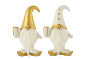 Nissefigur i hvitt porselen med gullhatt og langt skjegg, 29 cm.