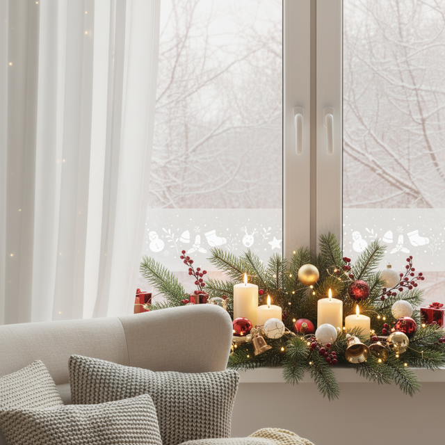 Winter joy vindusfolie med vintermønster på vindu med julepyntet vinduskarm med granbar, stearinlys, julekuler og lysdekorasjoner i varm julekos