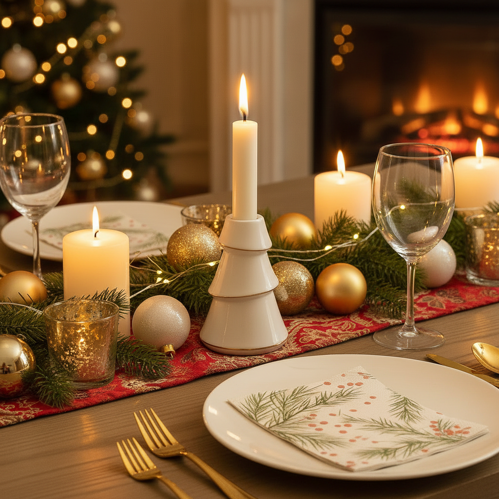 Hvit lysestake i juletreutforming med gulldetaljer på julepyntet bord med granbar, julekuler og stearinlys i varm julekos
