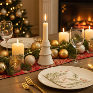 Hvit lysestake i juletreutforming med gulldetaljer på julepyntet bord med granbar, julekuler og stearinlys i varm julekos