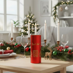 Rød LED-lyslykt 8 x 20 cm med God Jul-tekst på julepyntet bord med granbar, julekuler og stearinlys i varm julekos