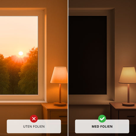 Sammenligning av vindu med og uten statisk blackout folie som blokkerer sollys og gir total mørklegging