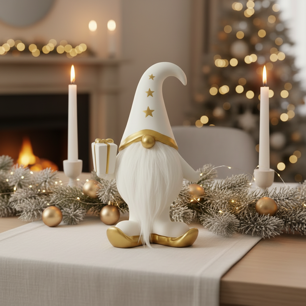 Mats nissefigur i hvitt på julepyntet bord med lys og juledekorasjoner - elegant norsk juledekorasjon i hvit