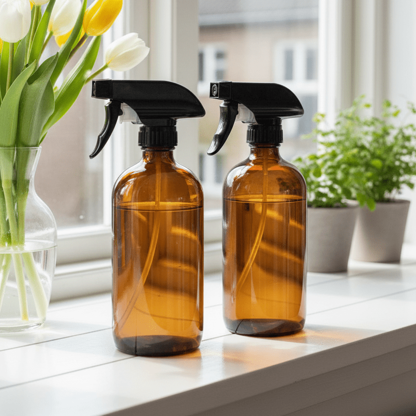 Sprayflaske i brunt glass til vaskerom, kjøkken og bad