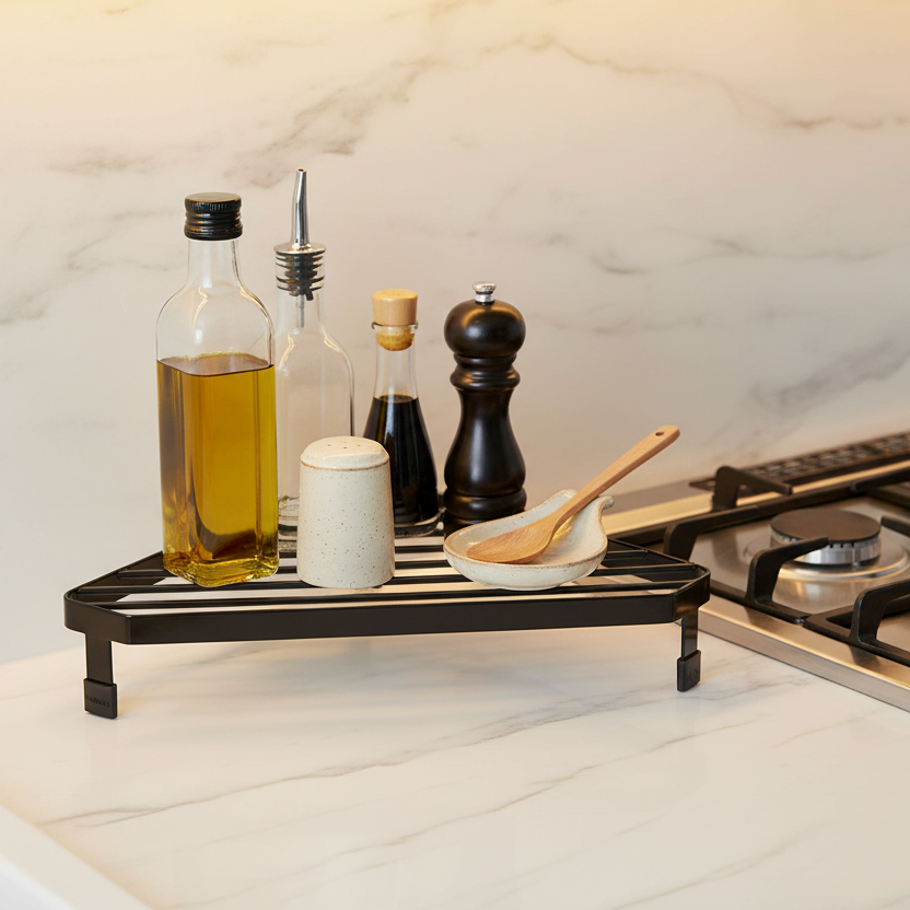 Svart kjøkkenstativ til varme panner og kokekar i hjørne