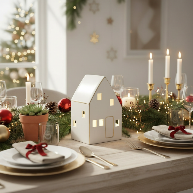 Nordby liten på julepyntet bord med granbar, julekuler og stearinlys i varm julekos