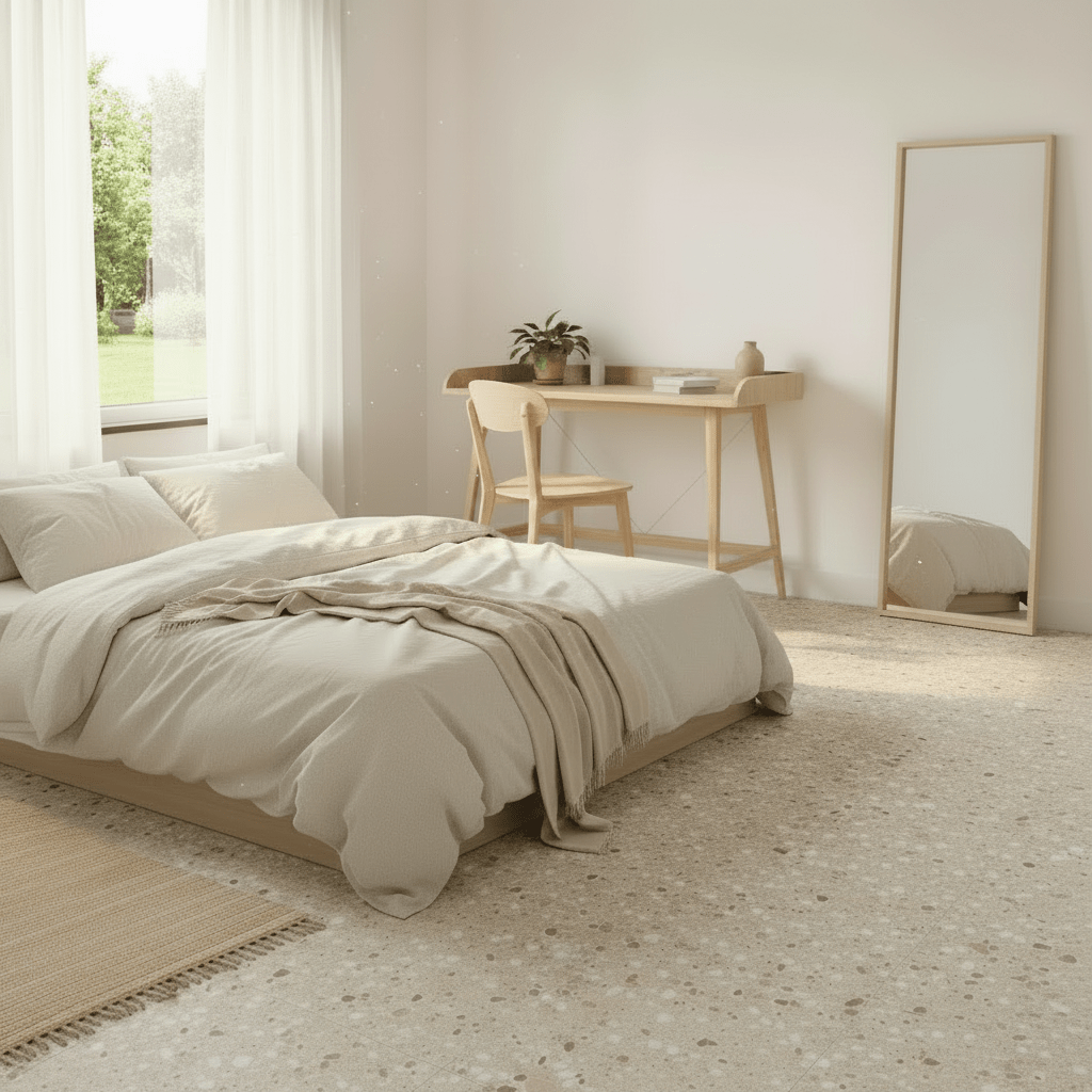 Lyst soverom med Sahara beige selvklebende terrazzo-fliser på gulvet. - Lindas dekor 