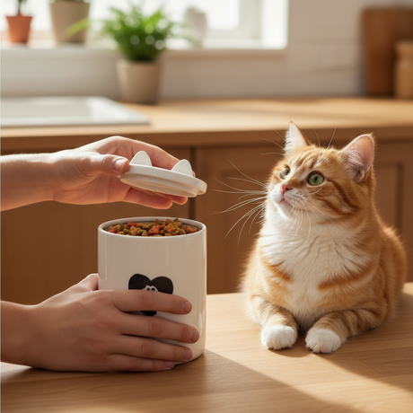 Oppbevaringskrukke kattegodis hvit keramikk sidevinkel
