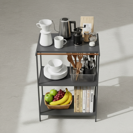 Kjøkkenstativ i sort utførelse med åpen oppbevaring og ekstra kroker