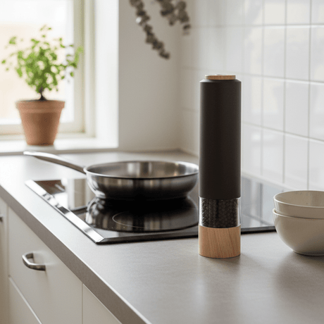 Elektrisk pepperkvern stående på kjøkkenbenk ved komfyr i moderne kjøkken.