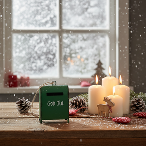 Grön juldekorationer formade som postlåda med motivet God Jul