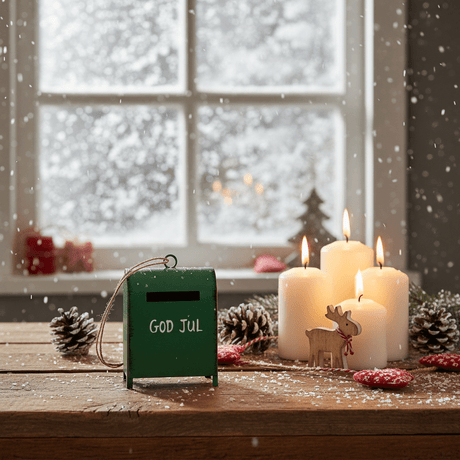 Grønt julepynt formet som en postkasse med et 'God Jul'-motiv