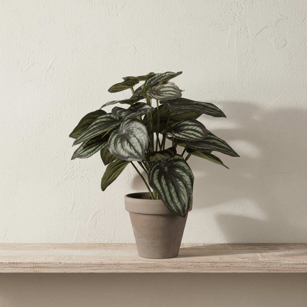 Kunstig Peperomia plante i grå potte på hvit bakgrunn, bredde 23 cm høyde 24 cm
