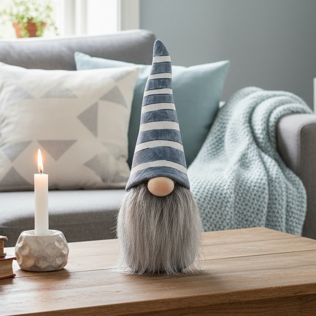 Moderne nissefigur i blå og hvit med skjegg – dekorasjon til jul miljø, julepynt, klassisk