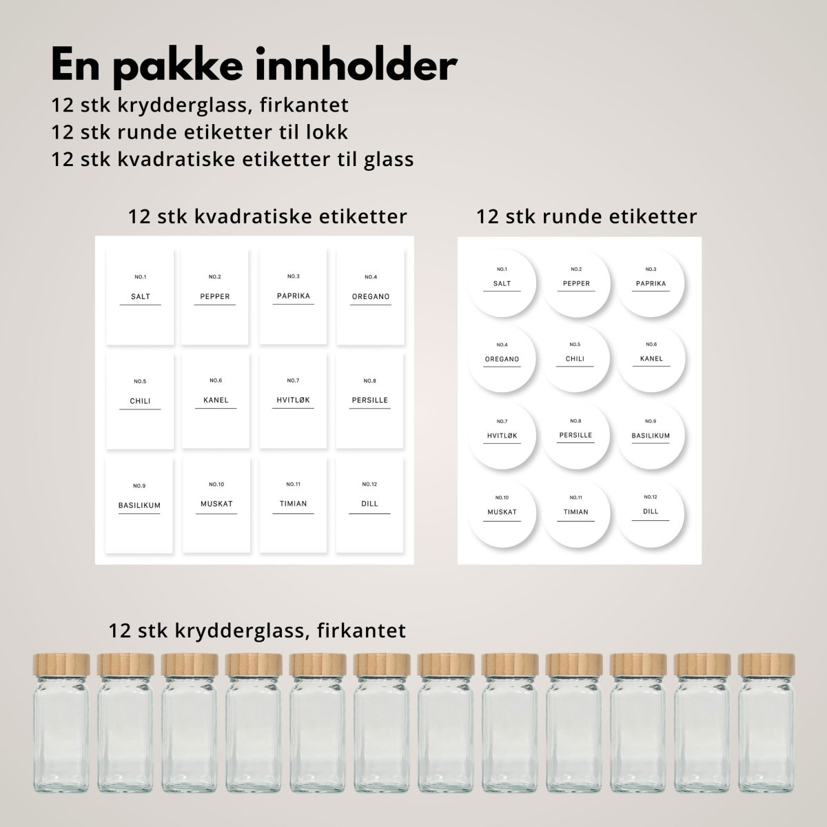 12-pk krydderglass med merkeetiketter for praktisk oppbevaring av krydder