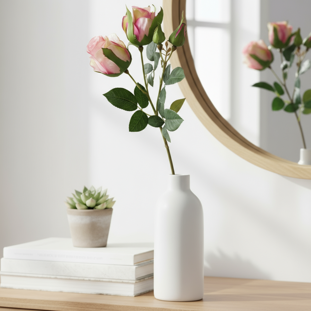 Kunstig rosa rose fra Mr. Plant i hvit vase på bord