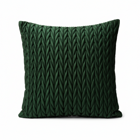 Mørkegrønt pyntepute-trekk i velur med strukturert overflate og luksuriøst preg.