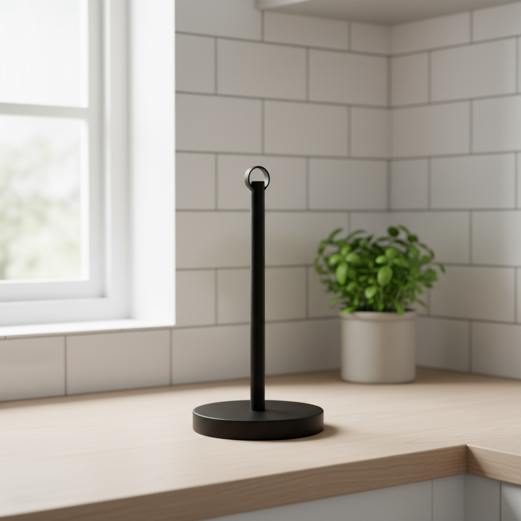 Sort tørkerullholder i metall ved kjøkkenvindu med planter