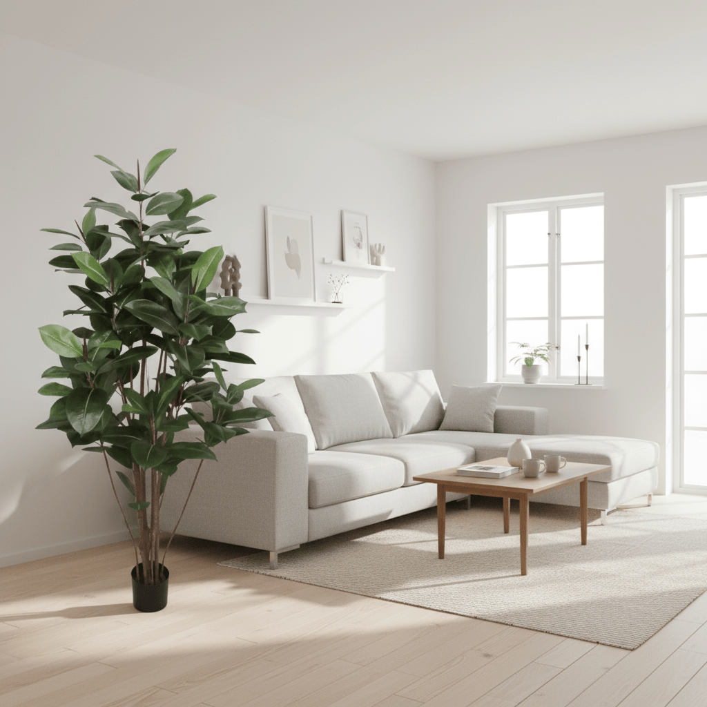Kunstig grønn plante med fyldig bladverk i potte