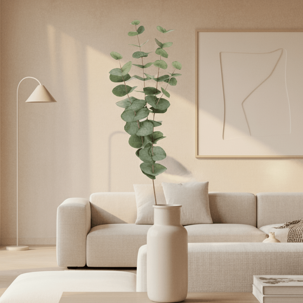 Kunstig eucalyptusplante fra Mr. Plant i hvit vase på stuebord