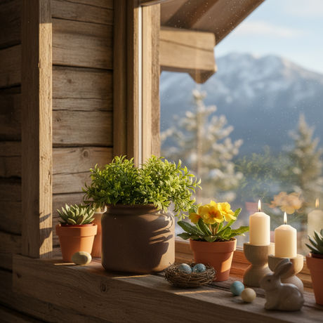 DBKD Pure brun keramikkpotte med plante på rustikk hyttebord med påskepynt og naturlig lys.

